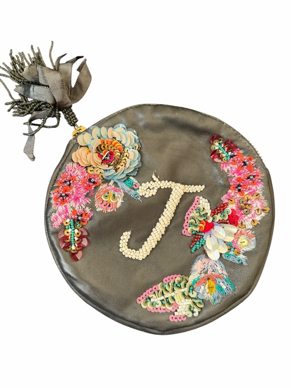 Anthropologie Gray Round Leather Pouch with Multicolor Sequin Florals- J Initial